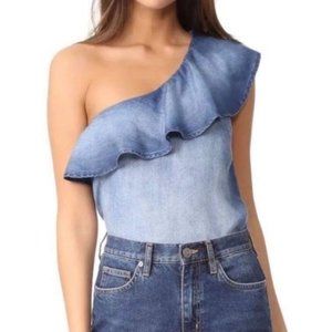 Anthropologie Anthro Blue Chambray Ruffle One Shoulder Top Shirt Women’s Size XS